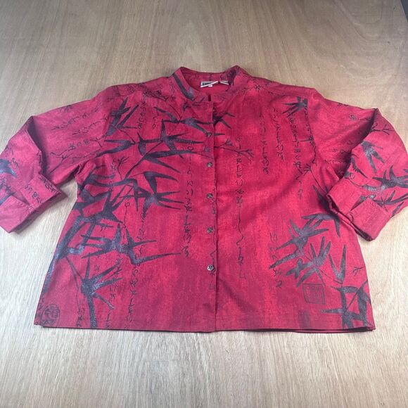 Vintage Chico’s Design Red Asian Print Button Up Top Size 3 XL Mandarin Collar - Picture 1 of 4